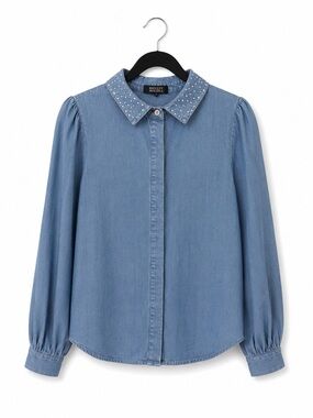 Badgley Mischka Light Blue Chambray Shirt with Crystal Studs